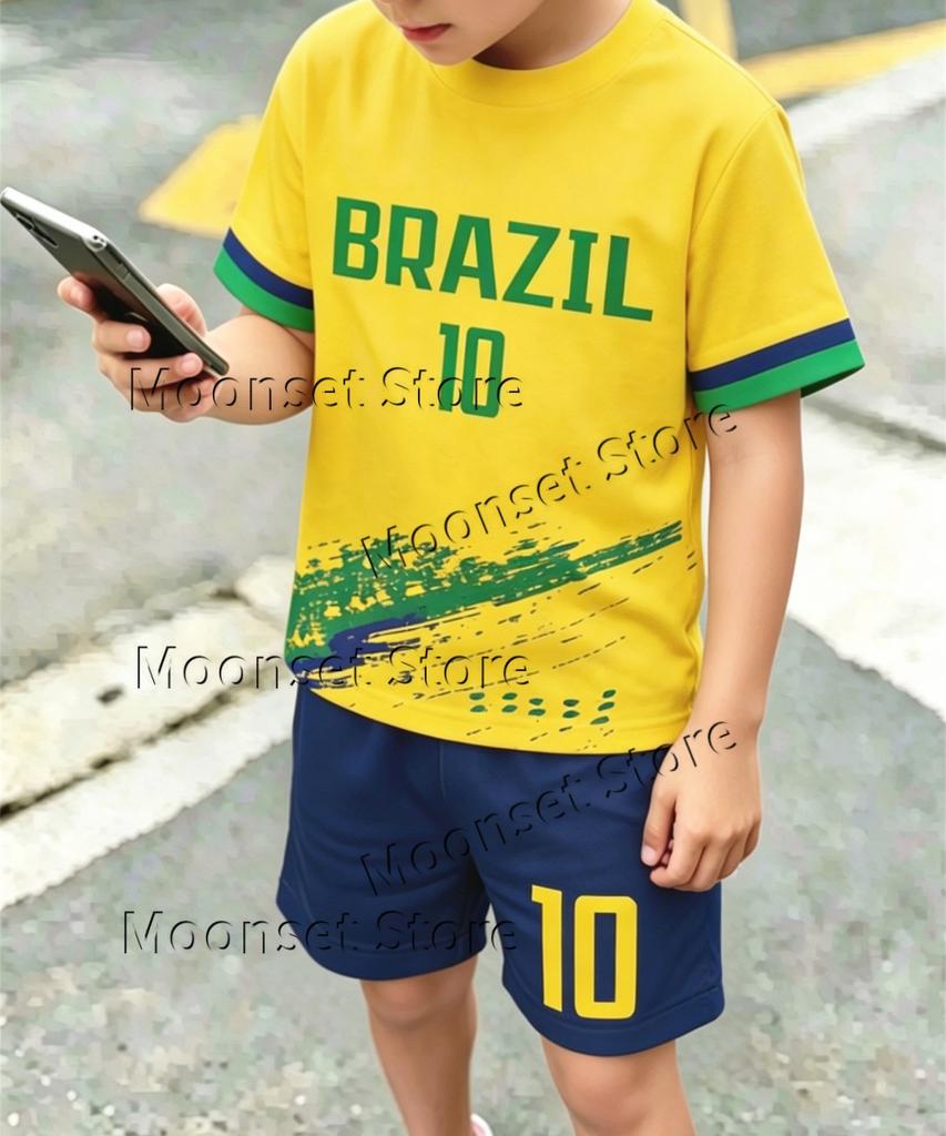 Summer Kids Brazil 10 Soccer Set Boys Short Sleeve Football Training Suit Quick Breathable Sports T Shirt Shorts Jersey Outfit
