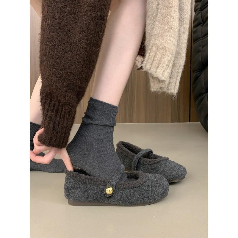Gray Mary Jane Mao Mao shoes for winter wear Korean version of gentle ballet fairy style soft flat-bottomed velvet cotton shoes