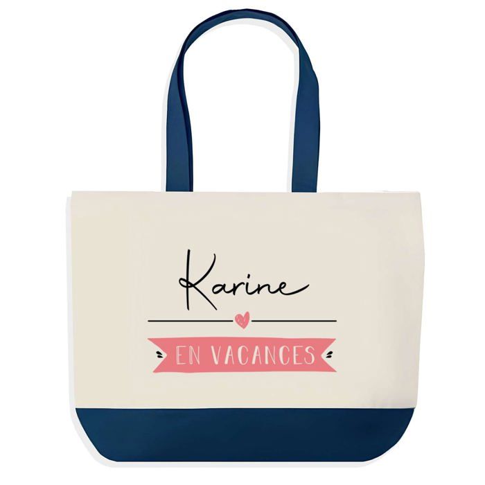 Sac shopping - PLANETEE - Karine en Vacances - Fond bleu design graphique - Coton 40x45 cm - Sans fermeture