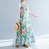 Real summer new literary loose cotton and linen printing round neck sleeveless dress women's medium and long