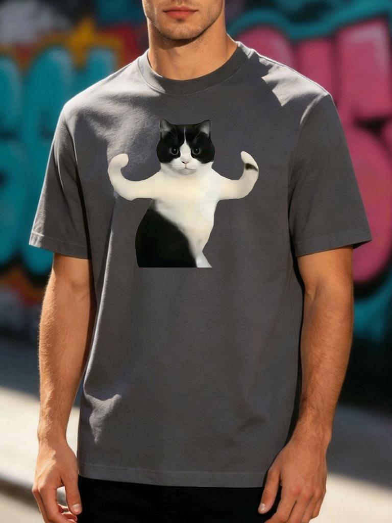 Unisex Crew Neck Tee Funny Muscular Bicolor Cat Meme Print Short Sleeve Loose Street Casual Summer Daily Top For Young Adult Males