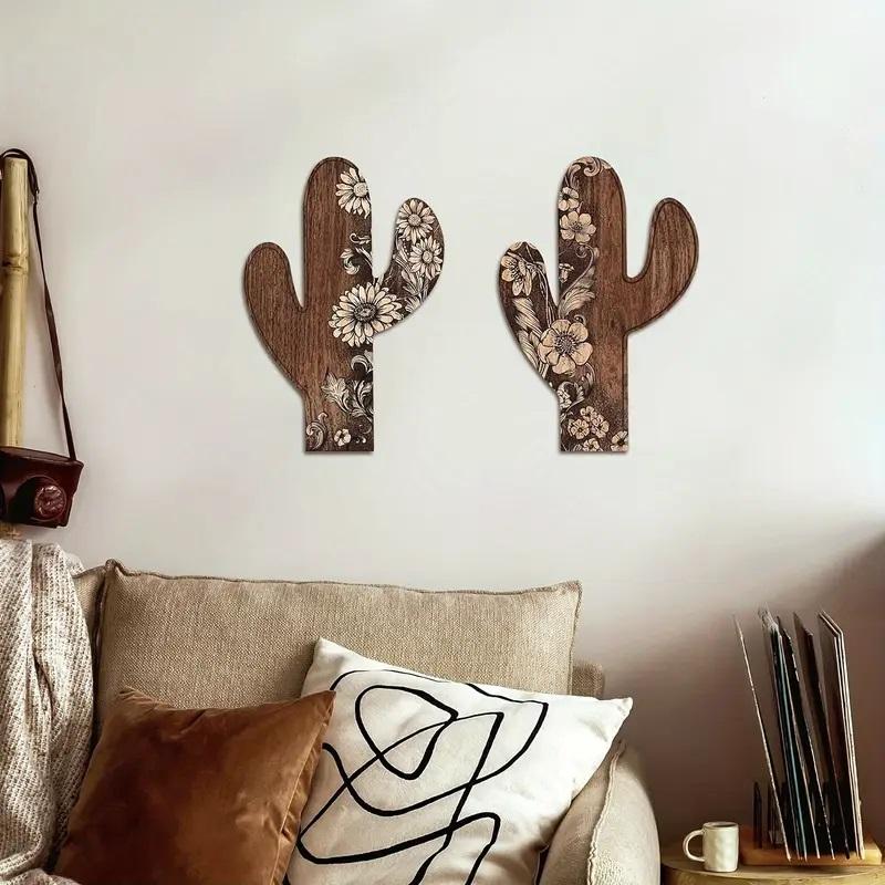 2Pcs Wooden Wall Decor Bohemian Style Cactus Decor, Farmhouse Wall Decor, Rustic Flower Patterns Wood Home Decor