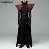 INCERUN Men Stitching Stand Neck Long Sleeve Belt Waist Cospaly Long Tunic Coats