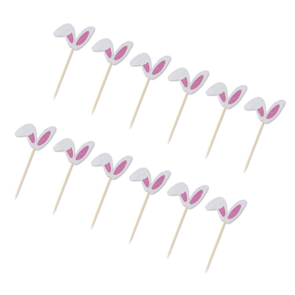 12Pieces Rabbits Ear Cupcake Toppers Easters Cake Decoration Set Easters Cake Picks Set Suitable for Party Celebration