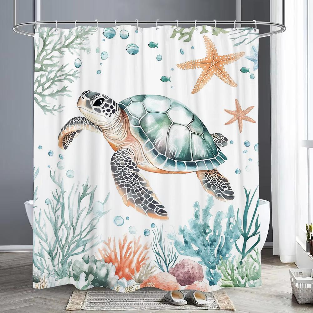 Marineland Sea Turtle Fun Shower Curtain For Beach Theme Bathroom Decorative Shower Curtain, Waterproof Shower Curtain With Hook