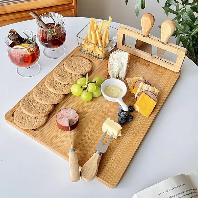 Bamboo Cheese Board Serving Tray Knife Set Kitchen Chopping Bread Cutting Holder 4-Piece Cheese Platter Cooking Tools