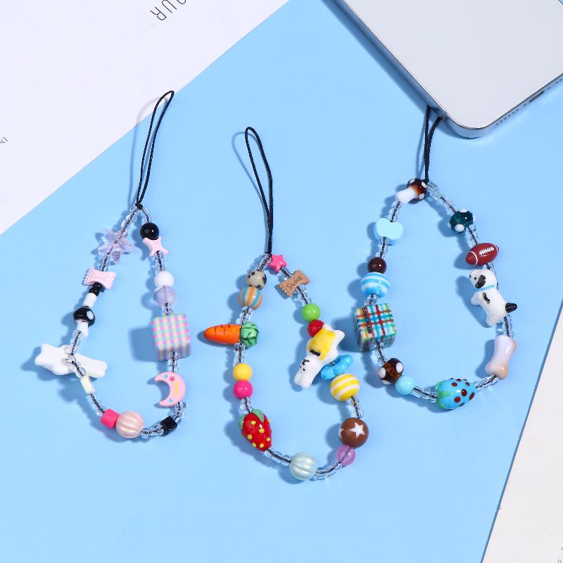 Y2K Aesthetic Beaded Phone Chain Ins Style Cartoon Mobile Phone Lanyard Keycord Anti Lost Key Strap Bag Pendant Cellphone Straps