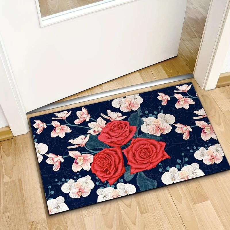 Rose Printed Door Mat Bedroom Bedside Carpet Anti Slip Balcony Bathroom Absorbent Footpad Flannel Decor Rug for Home Living Room