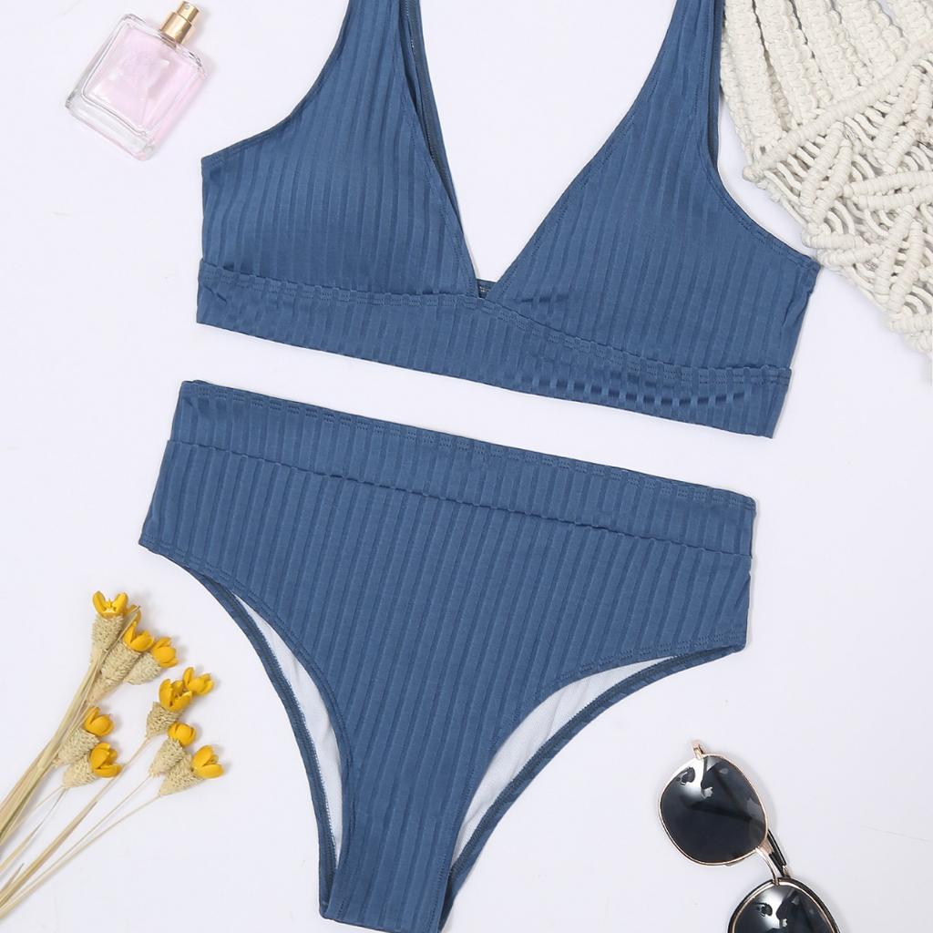 Women's Sexy V-neck Pit Striped Bikini High Waist Split Swimsuit 10 Colors
