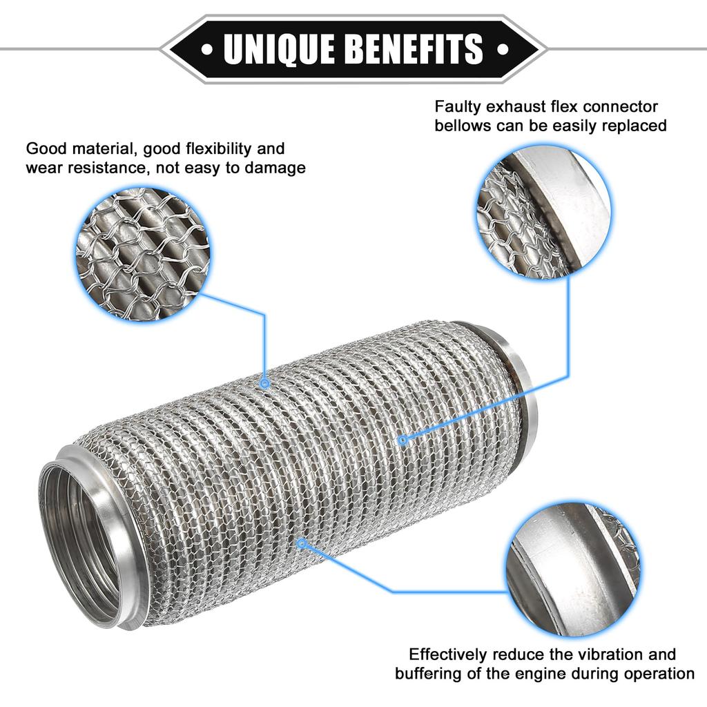 ABSOPRO Гибкий выхлопной соединительный патрубок универсальный для долговечной нержавеющей трубы серебристого тона, 76x254 мм, сильфон, автомобили, сталь,