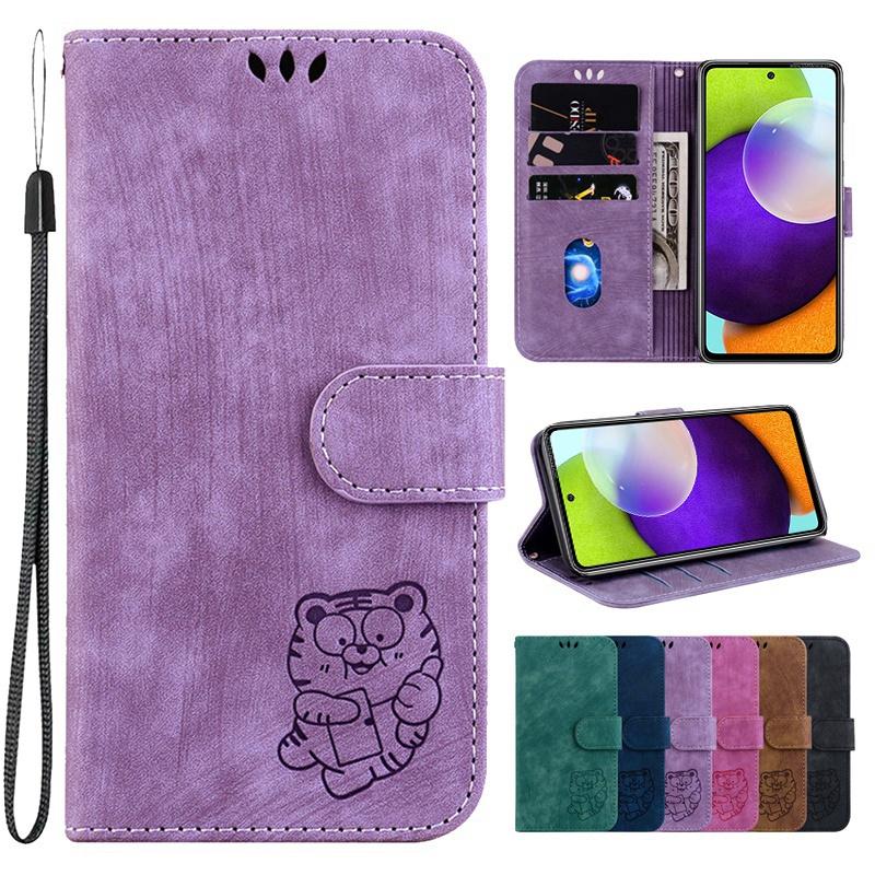 Skin Feel Embossed Cartoon Tiger Wallet Case for iPhone Samsung Xiaomi Huawei Google Hand-strap Flip Cover Full-body Protective Case