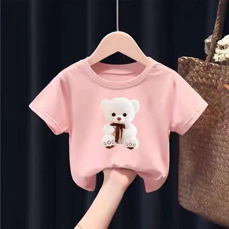 Футболка с круглым вырезом и принтом мультяшного маленького белого медведя, повседневная, с коротким рукавом, для мальчиков и девочек, новая трендовая детская одежда, топ