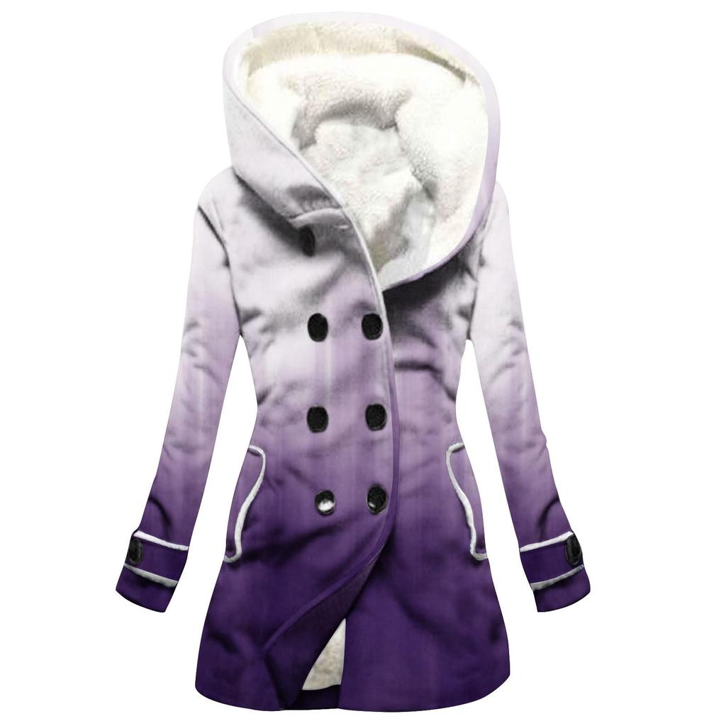 Женская большая куртка с теплой и плюшевой курткой на пуговицах с капюшоном с градиентным принтом и карманами