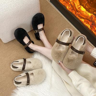 Однотонные пушистые туфли женская верхняя одежда 2025 осень и зима новая бархатная модель Мэри Джейн на плоской подошве из хлопка