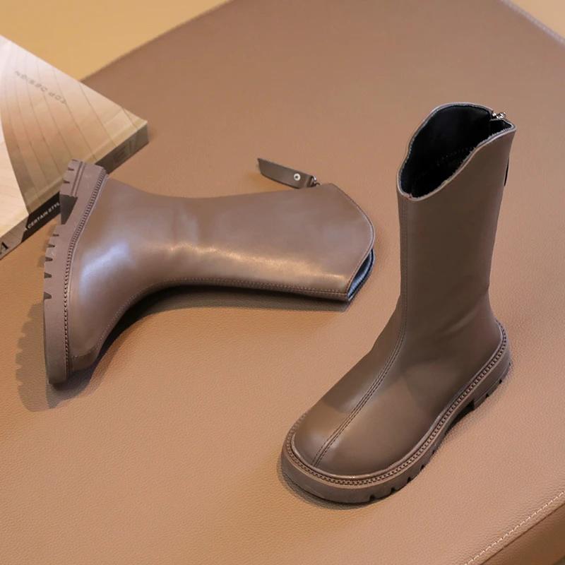 2024 New Children's Fashion Boots Solid Color Simple Girls Causal Long Boots Versatile Black Brown Kids Princess Leather Boots