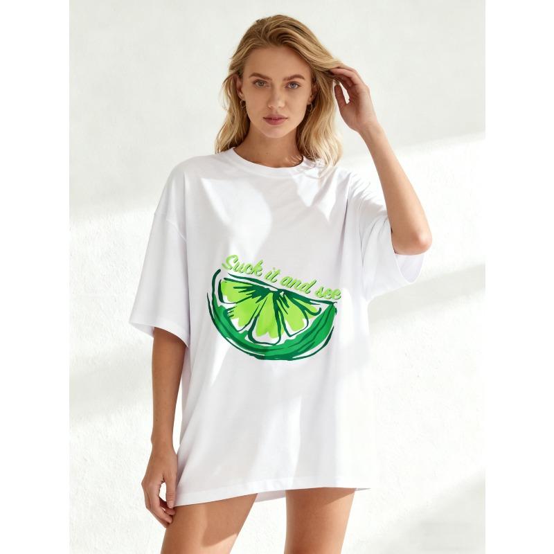 Oversized T Shirt Black Lime Slice With Suck It And See Text Casual Wear For Women Summer Street Style Fashion Top