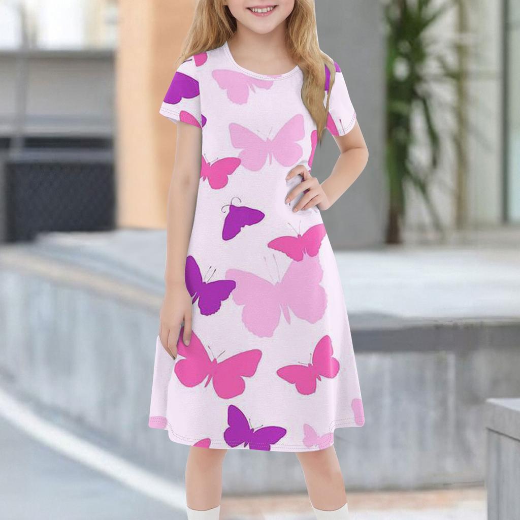 Детское летнее повседневное модное платье с короткими рукавами и круглым вырезом