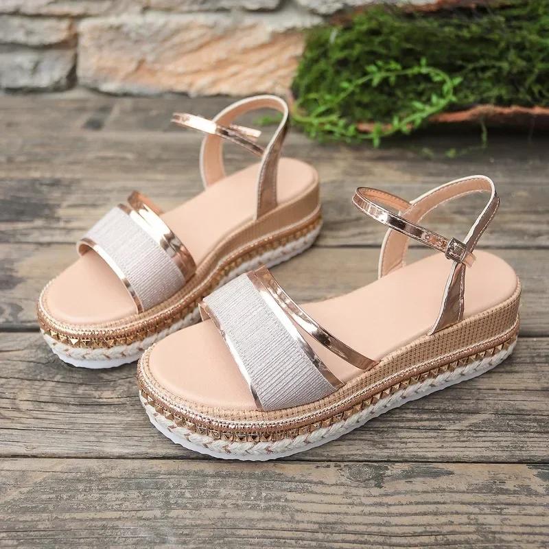 Женская обувь Женские сандалии с пряжкой на ремне Модные повседневные сандалии с открытым носком Женские летние босоножки на танкетке больших размеров