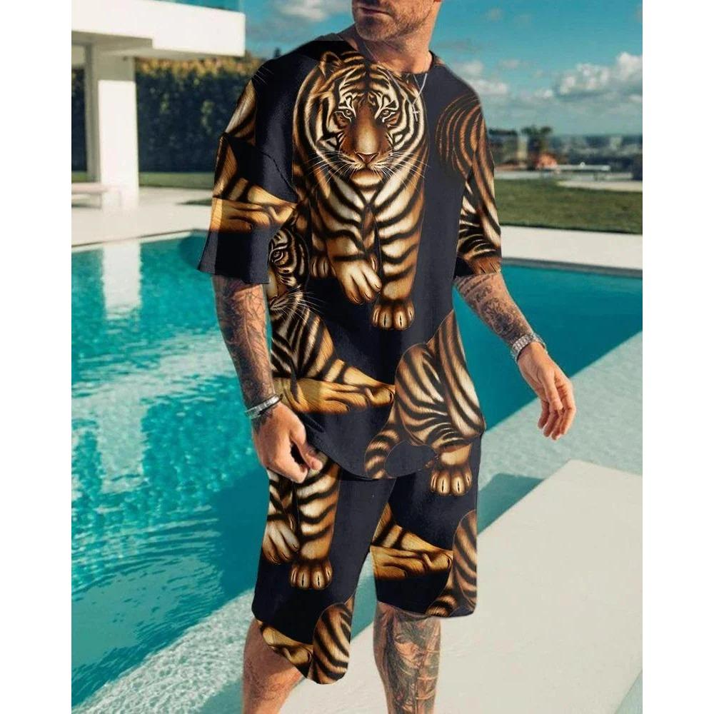 Летний комплект из 2 предметов с шортами с рисунком льва и свирепого зверя, повседневные уличные футболки и шорты, спортивный костюм с круглым вырезом и 3D-принтом