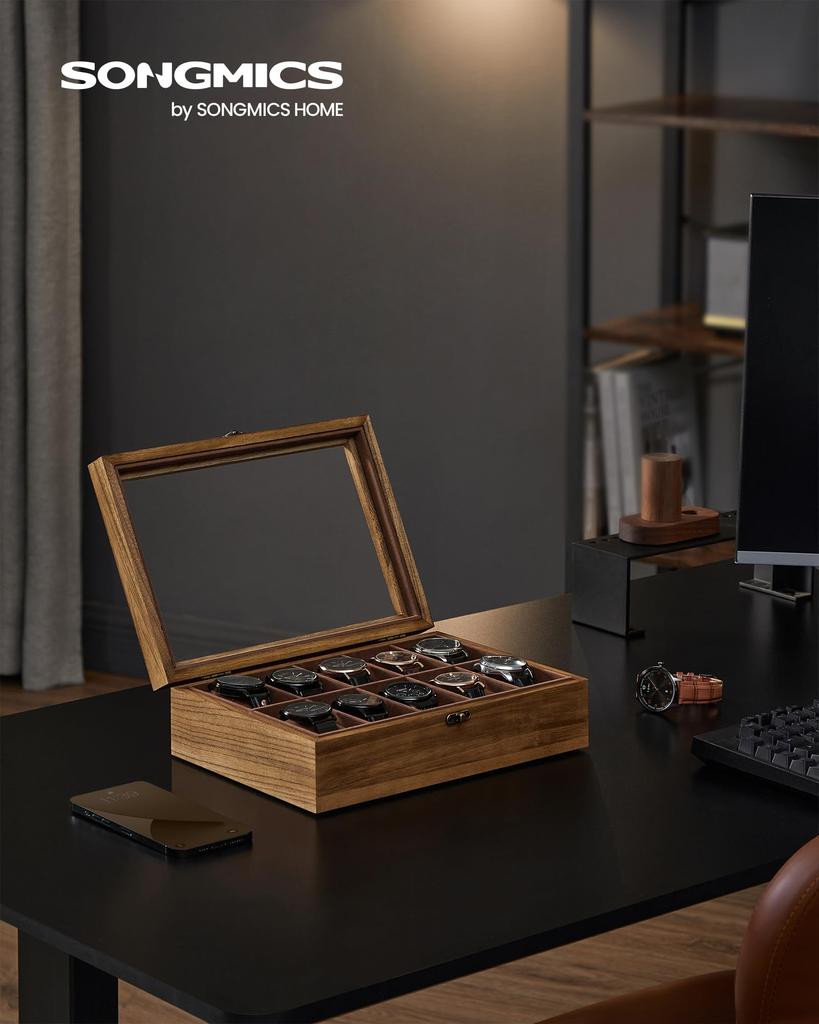 SONGMICS Чехол для часов на 10 деревянный кейс для коллекции часов с прозрачным окошком, аксессуар для часов, день, день рождения, праздник JOW100K01 Часы, Хранение, Окошко,