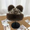 Leopard Print Bear Ears Faux Fur Bucket Hat - Thick, Warm, Ear-Protecting Winter Hat for Women