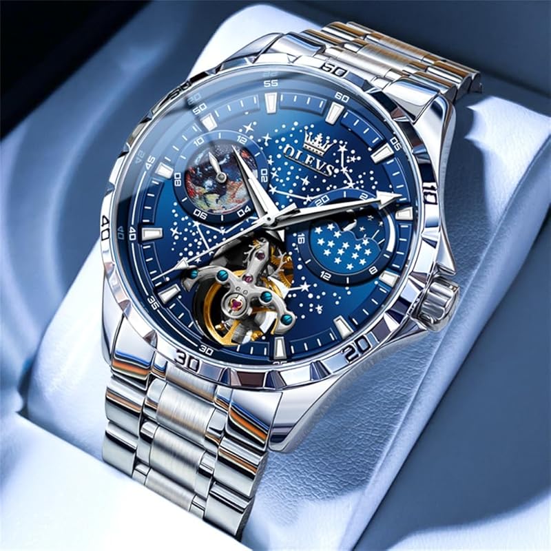 Часы OLEVS мужские механические с автоматическим заводом, циферблат со звездным небом, нержавеющая сталь, водонепроницаемые часы для мужчин, синие…
