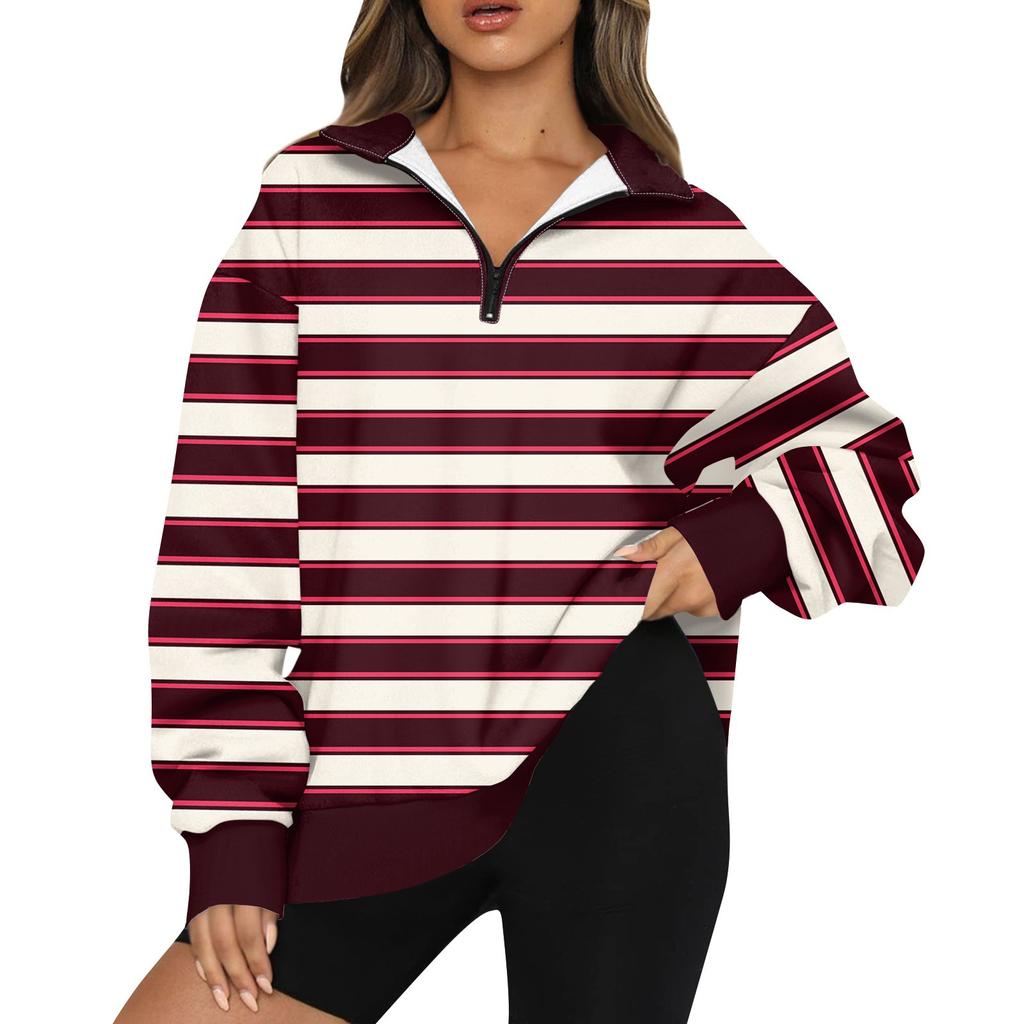 Women's Fashion Lapel Striped Printed  Long Sleeve Zip Sweatshirt Top