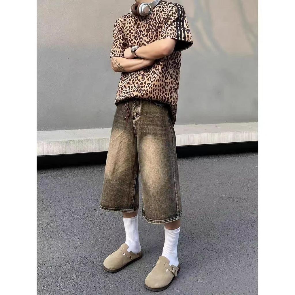 Укороченные мужские джинсы в стиле ретро с широкими штанинами, готические, стираные, свободные, прямые, повседневные, для пар, шорты, спортивные штаны