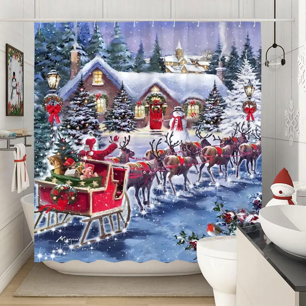 Зимняя Рождественская Занавеска для Душа Рождественский Олень Природа Лес Снежный Пейзаж Фермерский Дом Занавеска для Ванной Полиэстеровая Ткань Декор для Ванной