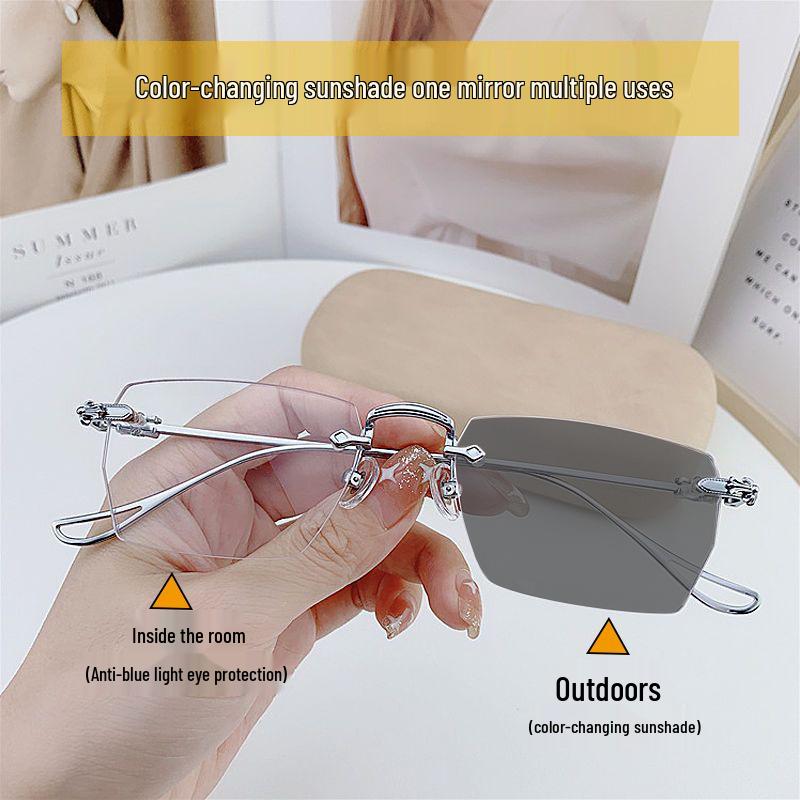 Сверхлегкие без оправы фотохромные очки с защитой от синего света, модные, готовые к установке линз по рецепту, в стиле Xiaohongshu, для мужчин и женщин