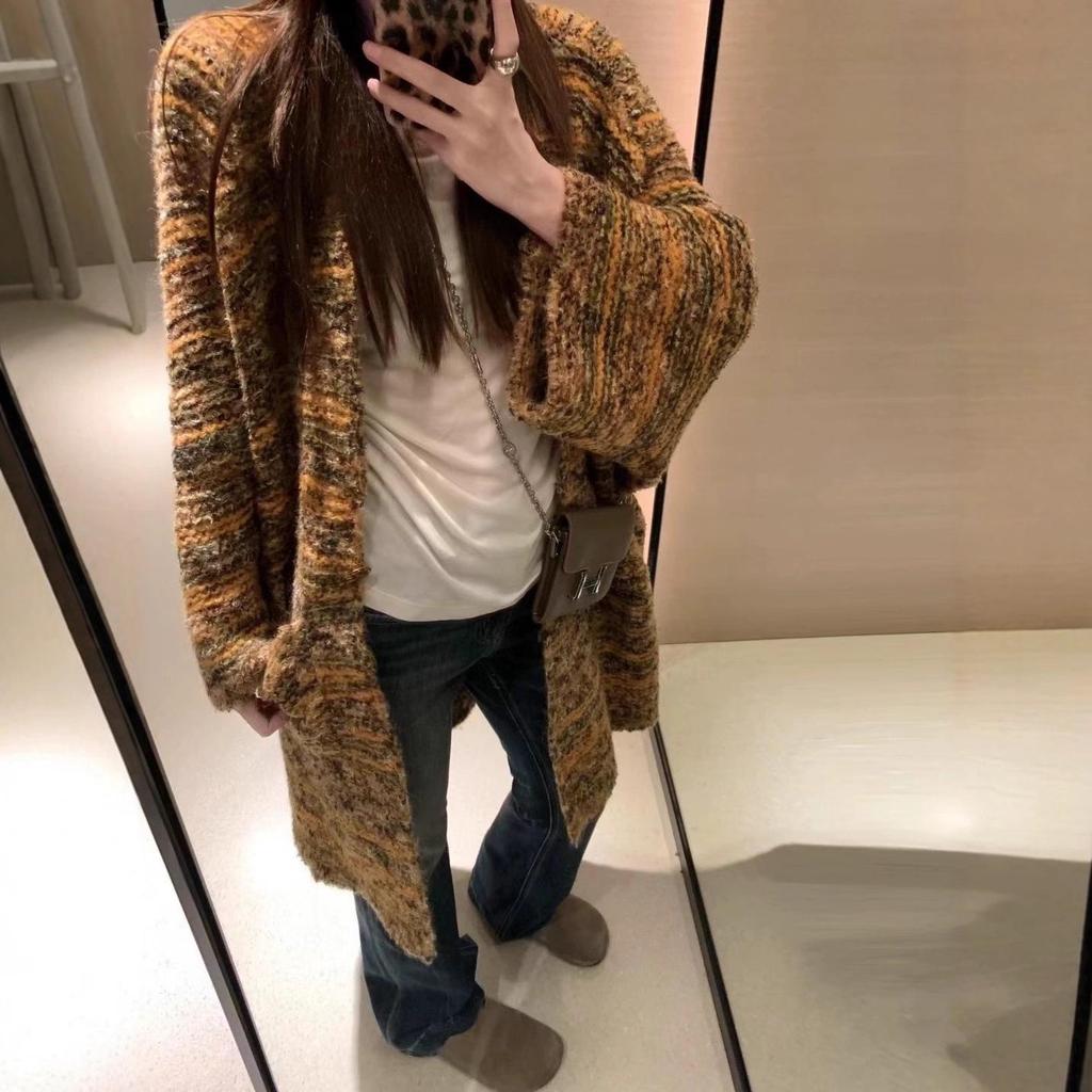 European & American Color-Block Mid-Length Knitted Cardigan: Casual Loose Fashion Sweater Coat for Women