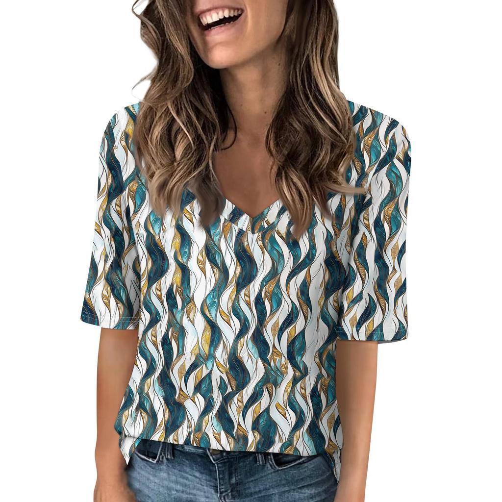 Shirts For Women Trendy V Neck T Shirts Casual Printed Blouse Half Sleeve Tops For Women