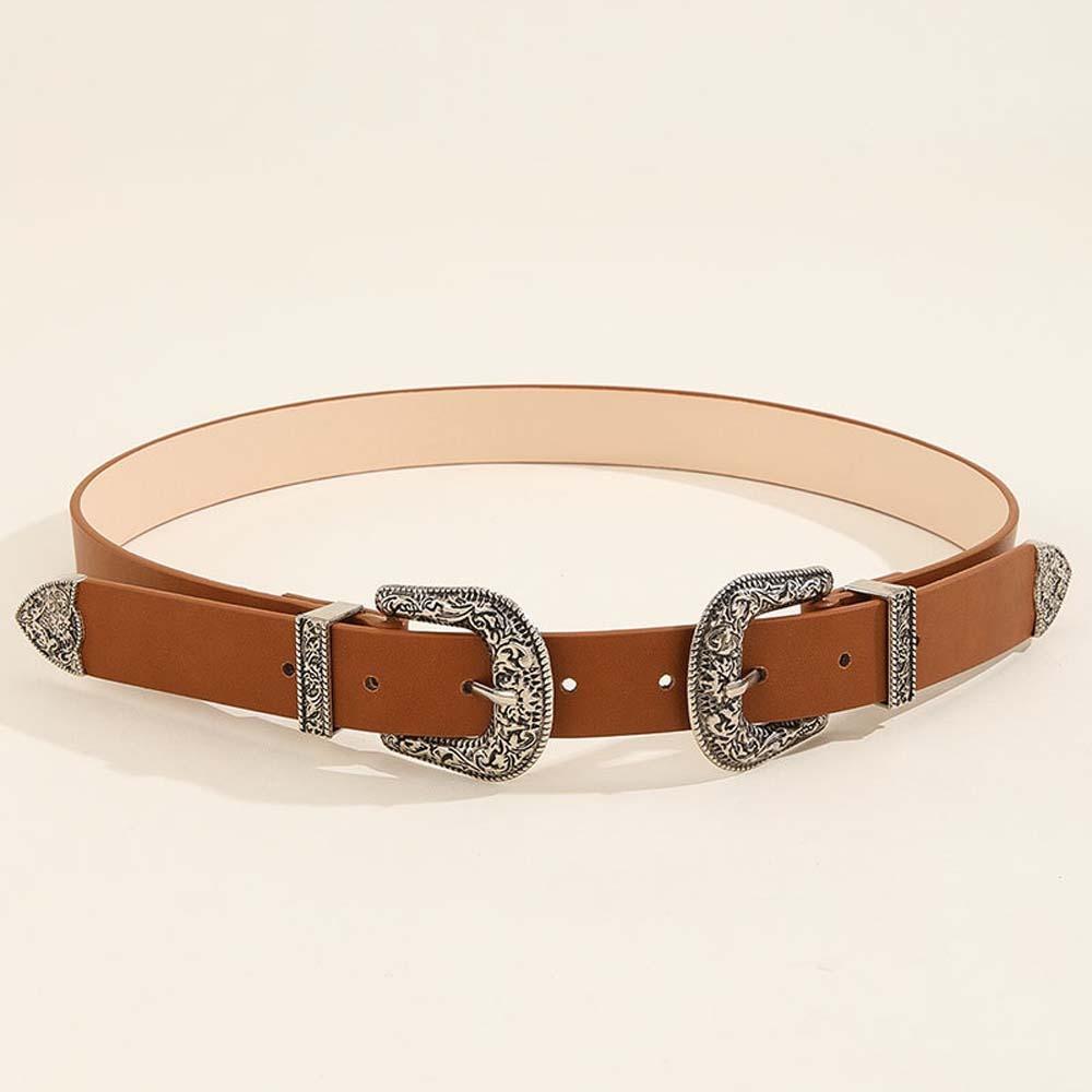 Cool Carved Buckle Belt American Style PU Vintage Waistband Fashion Double Buckle Waist Belt Party