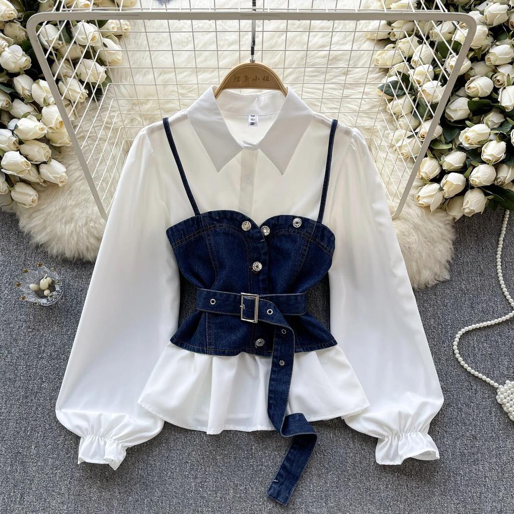 Korean Series Wear Age-Reducing Set Retro Denim Cami Stacked All-Matching Puff Sleeve Shirts Two-piece Set Top