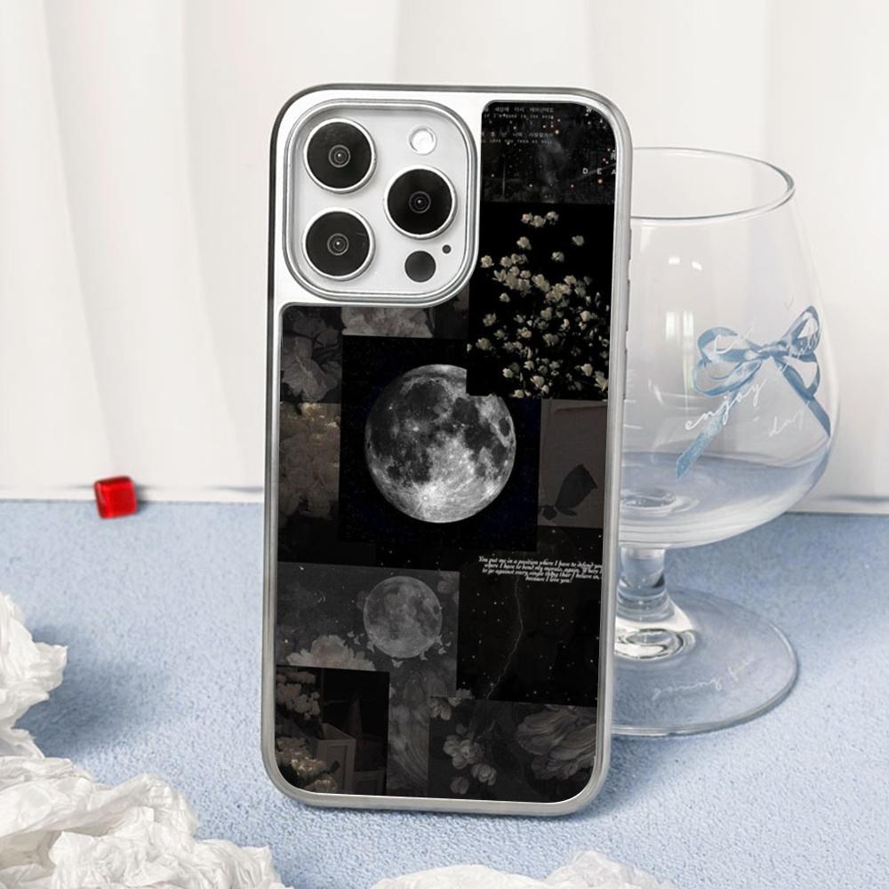 Moon Fashion art pattern design ins Phone Case for iPhone 16 15 14 13 12 11 Pro Max Sheepskin Silver-edged protective case
