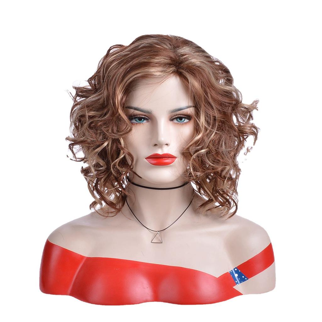Synthetic Fluffy Curly Hair for Women Lady Shoulder Length Golden Brown Wigs Heat Resistant Fibre Daily Costume
