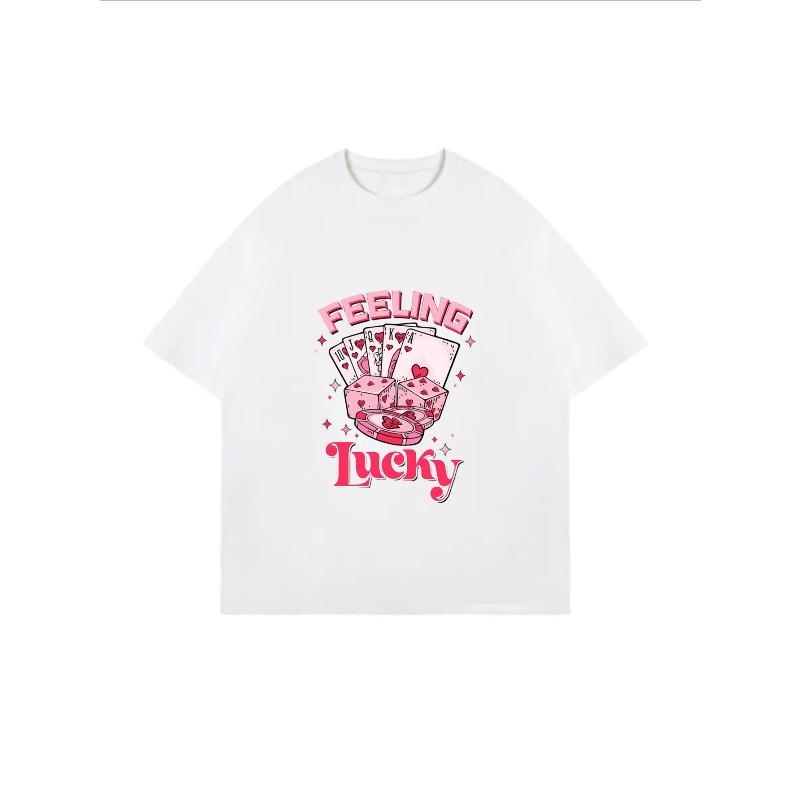 Feeling Lucky White T-Shirt With Poker Cards And Dice Print For Casual Wear