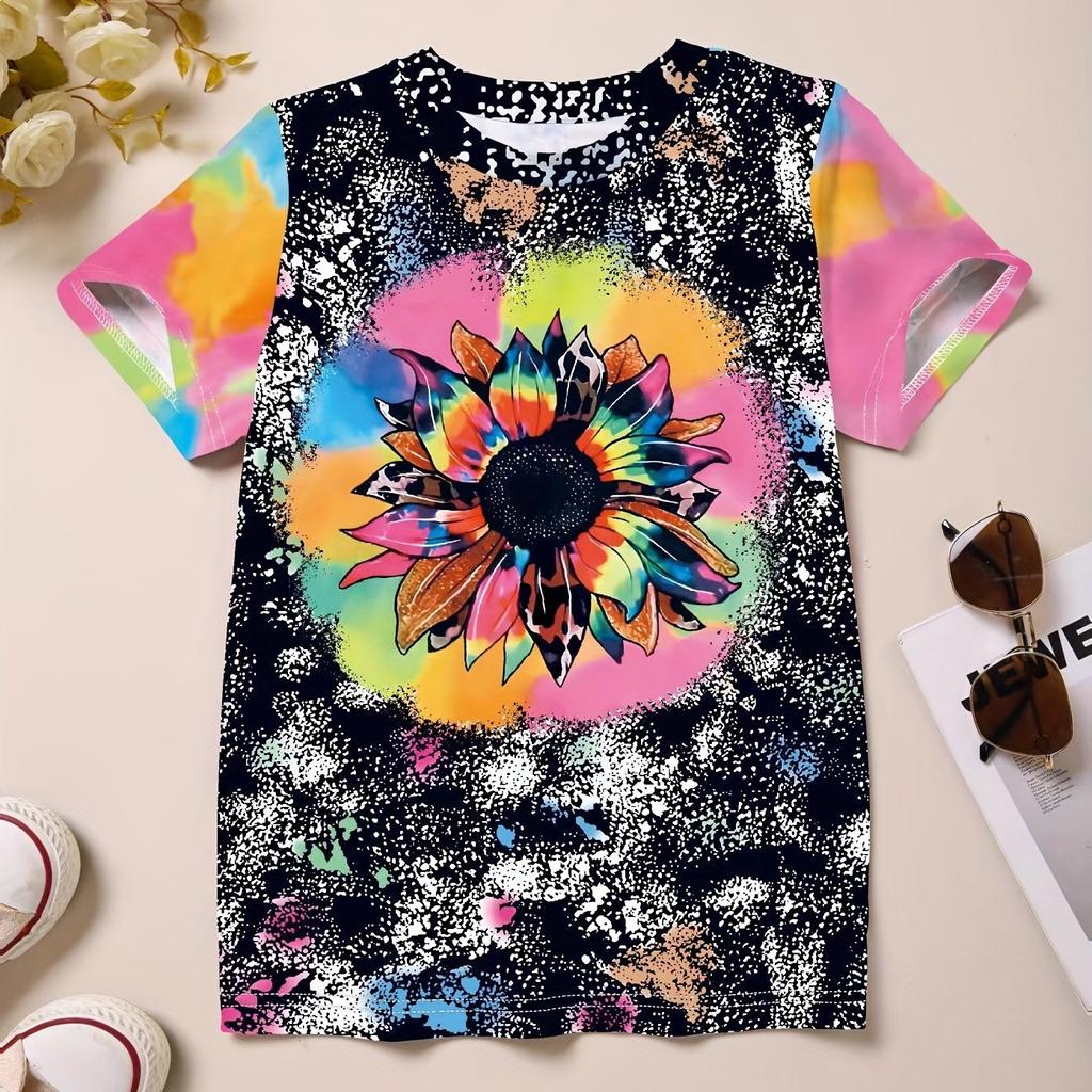 Детская одежда Футболка для девочек с коротким рукавом 3D Tie-Dye Print Детская летняя одежда Повседневная детская одежда с круглым вырезом и рисунком из мультфильмов Топы