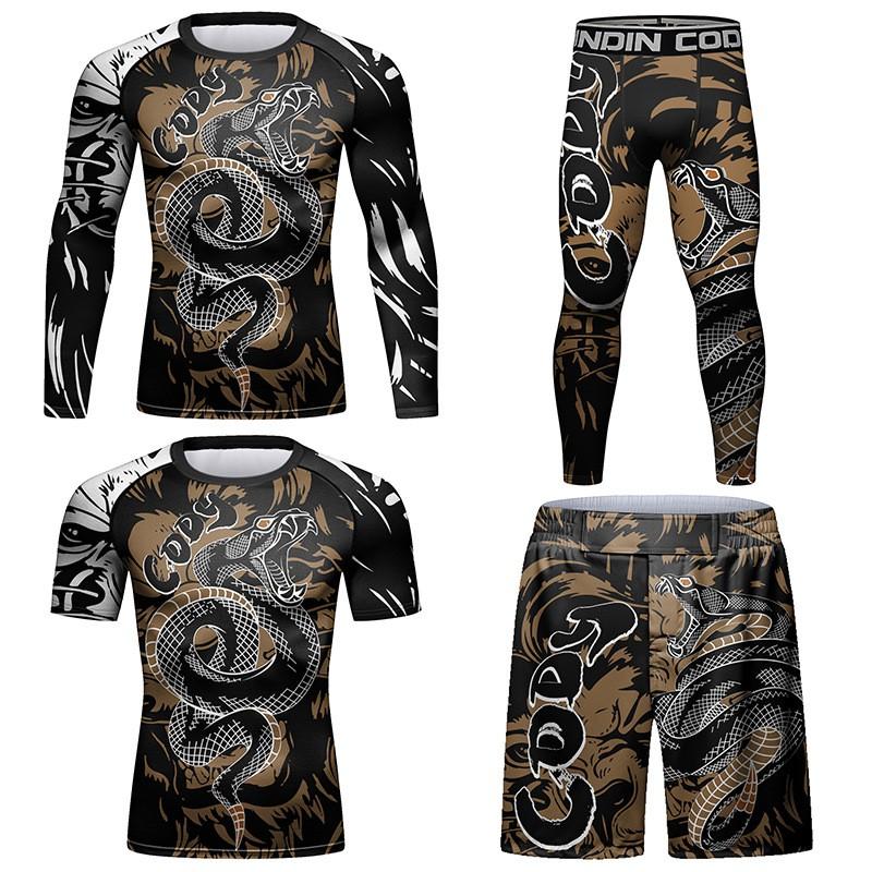 Mens Compression Athletic Base Layer Set - Printed Breathable Stretch Long Sleeve Top Pants Running Gym Cycling Hiking