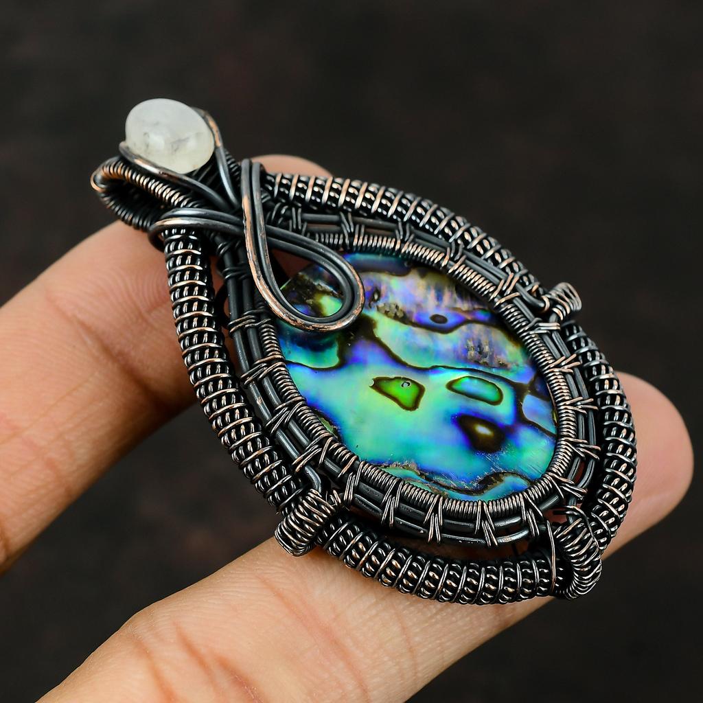 Кулон из раковины абалона, кулон, обмотанный медной проволокой, ювелирное изделие с драгоценным камнем, кулон ручной работы, подарки для нее, медное ювелирное изделие, кулон из радужного лунного камня