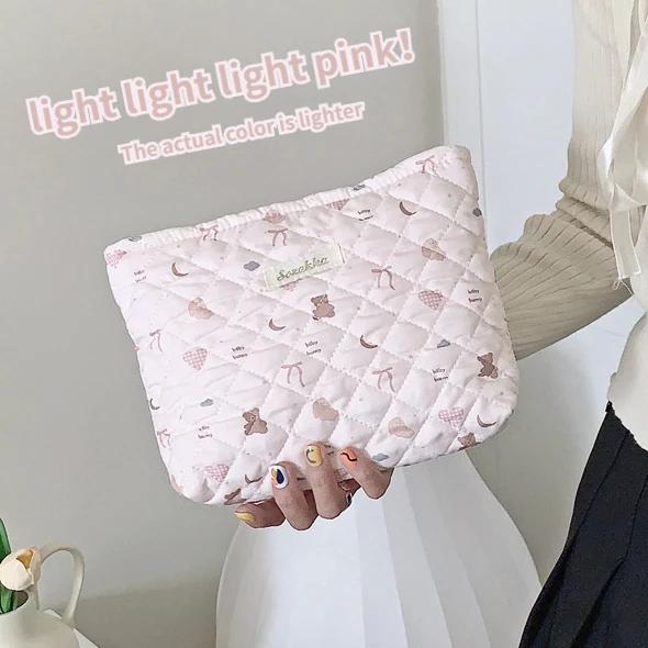Cute Pink Women's Cosmetic Bag Make Up Case Quilted Cotton Travel Storage Bags Portable Wash Bag Clutch Purse Handbags Mommy Bag