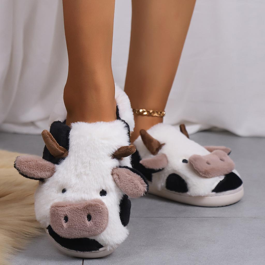 Fashion Shevalues Cute Plush Cotton Slippers For Women Winter Warm Cozy Furry Milk Cow Slides Indoor Non-slip Soft Fluffy House Slippers