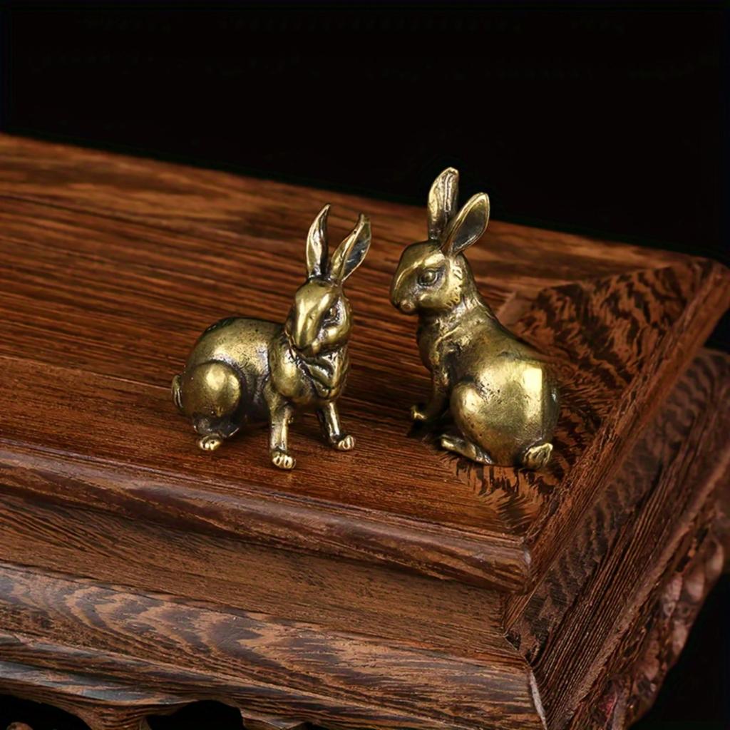 Pair of Antique Copper Zodiac Rabbit Tea Pets - Handcrafted Solid Brass Rabbits for Feng Shui & Home Decor, Vintage Tabletop Ornaments & Lucky Charms,