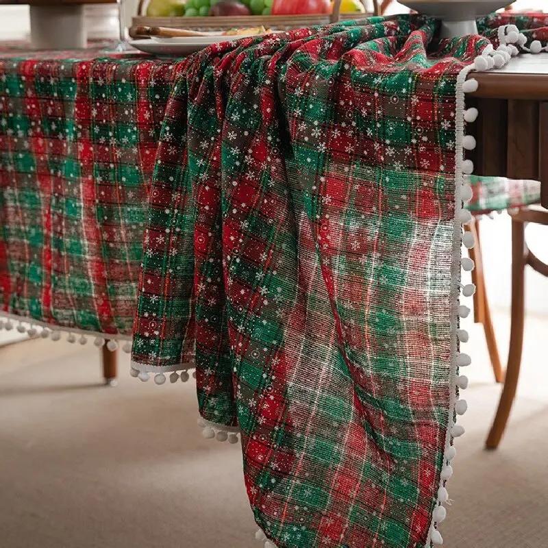 Christmas Tablecloth Green Plaid Snowflake Cotton Linen Rectangular Table Cover New Year Gifts Dining Living Room Table Decor