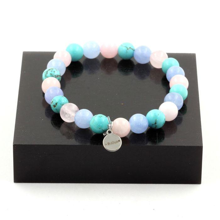 Stones and Minerals. Rose Quartz + Aquamarine + Turquoise 8 Mm Pearl Bracelet. Made In France.