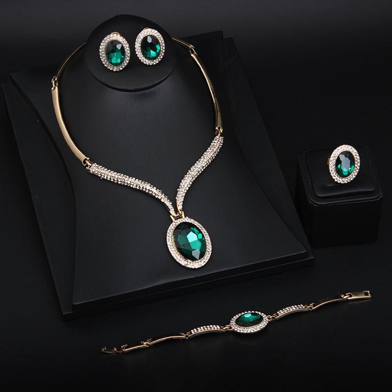 Rhinestone Crystal Big Gem Necklace Earrings Ring Bracelet Four-Piece Women'S Accessories