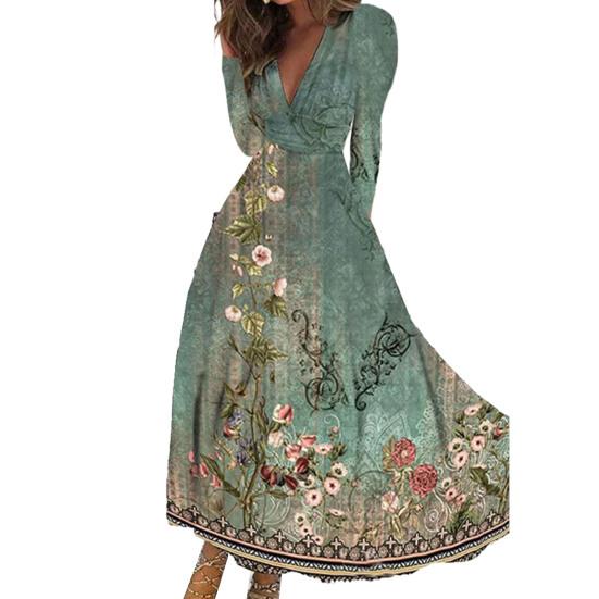 Women Elegant Floral Print Maxi Dress V-neck Waist Gown Long Sleeve High Dress A-Line Long Dress Streetwear