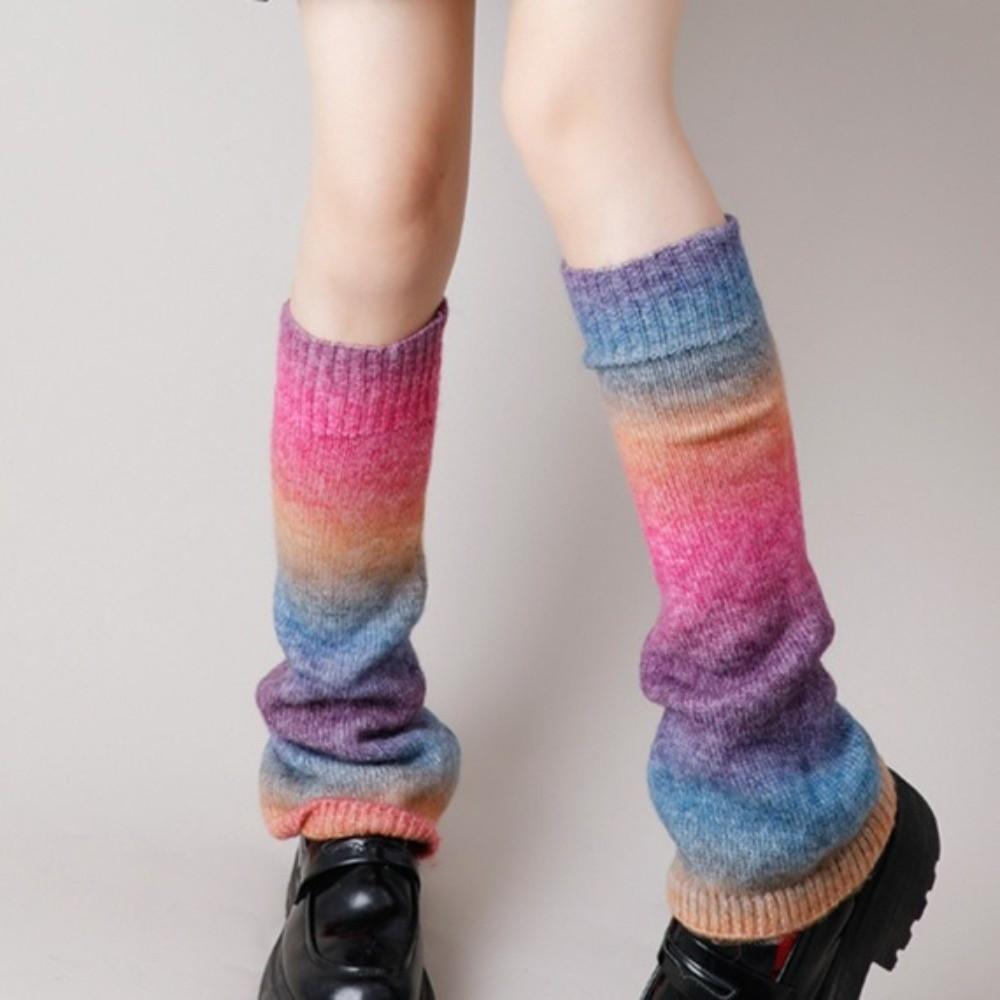 1 pair Rainbow Gradient Color Leg Warmers Lengthened Leg Covers Y2K Knitting Socks JK