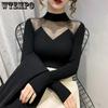 Women Sexy Sweater Slim Knitted Top Knitwear Jumper Pull Pullover Patchwork Gauze See Throught New Fashion Bottoming Shirt