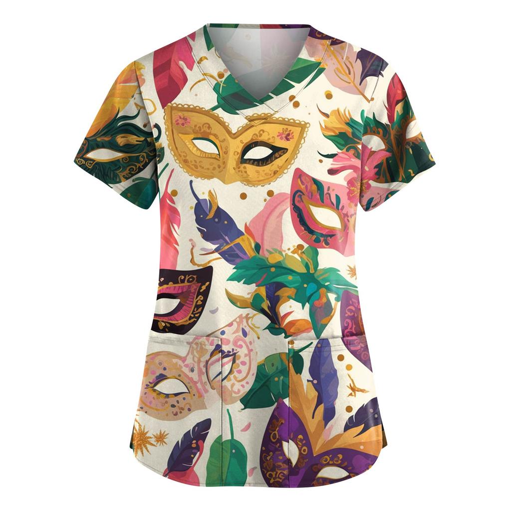 Женская модная рабочая одежда с V-образным вырезом и короткими рукавами, с карманами, топ с карнавальным принтом, униформа для сиделки